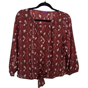 West Kei Boho Sheer Flowy Blouse Size S Keyhole Neck Tie Hem Balloon Sleeves